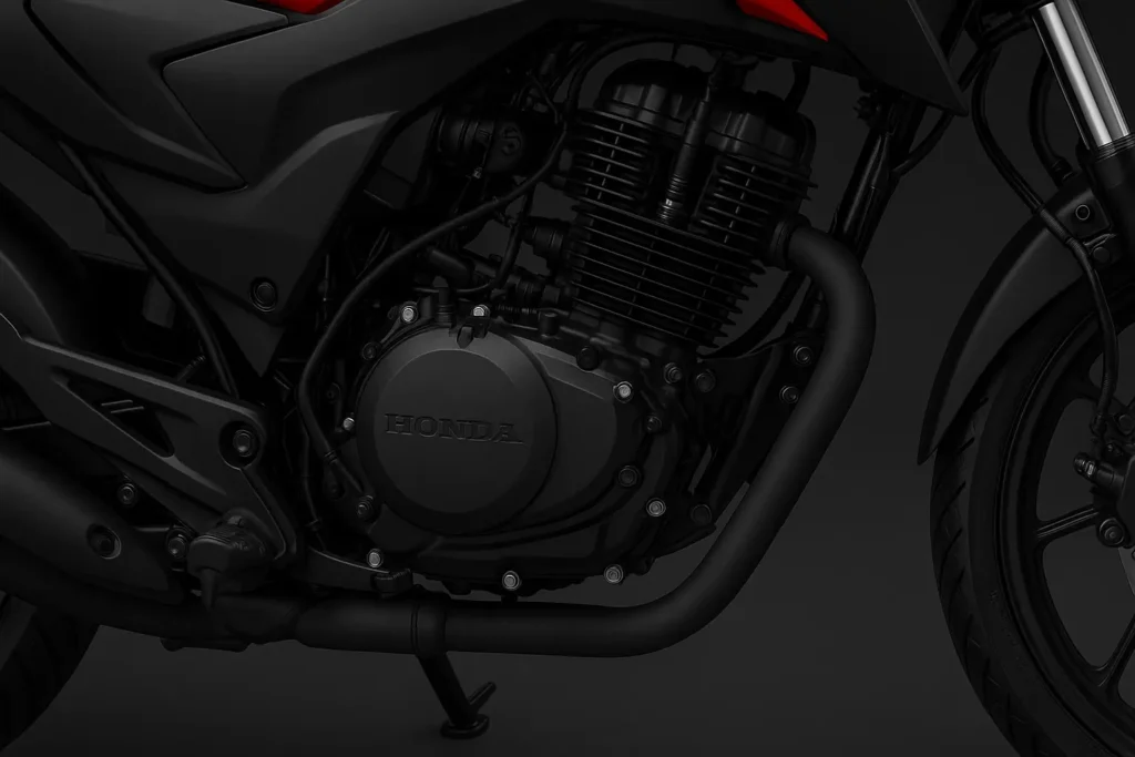 Honda CB125 Hornet का इंजन क्लोज़-अप – मैट ब्लैक फिनिश में सिंगल-सिलेंडर इंजन और होंडा लोगो के साथ हाई-रेजोल्यूशन व्यू
