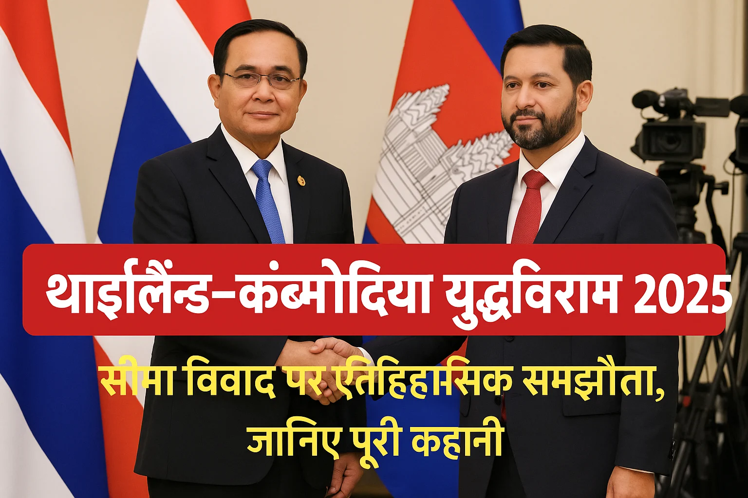 Thailand और Cambodia के बीच युद्धविराम की घोषणा करते दोनों देशों के प्रतिनिधि – बैकग्राउंड में झंडे और मीडिया कैमरे