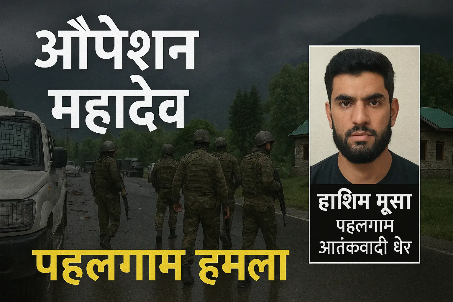 ऑपरेशन महादेव का थंबनेल – पहलगाम में आतंकी हमले के बाद गश्त लगाते भारतीय सेना के जवान। एक इनसेट में हाशिम मूसा की तस्वीर दिखाई गई है, जिस पर लिखा है 'पहलगाम आतंकवादी ढेर', पृष्ठभूमि में घने बादल और जंगल।