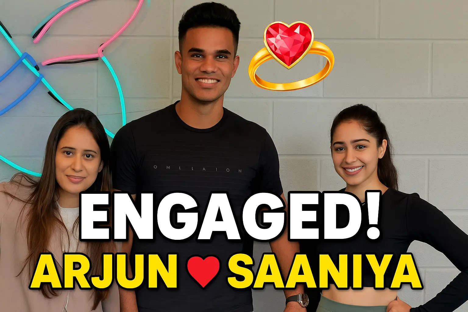 अर्जुन तेंदुलकर और सानिया चंदोक सगाई फोटो, ENGAGED बैनर के साथ