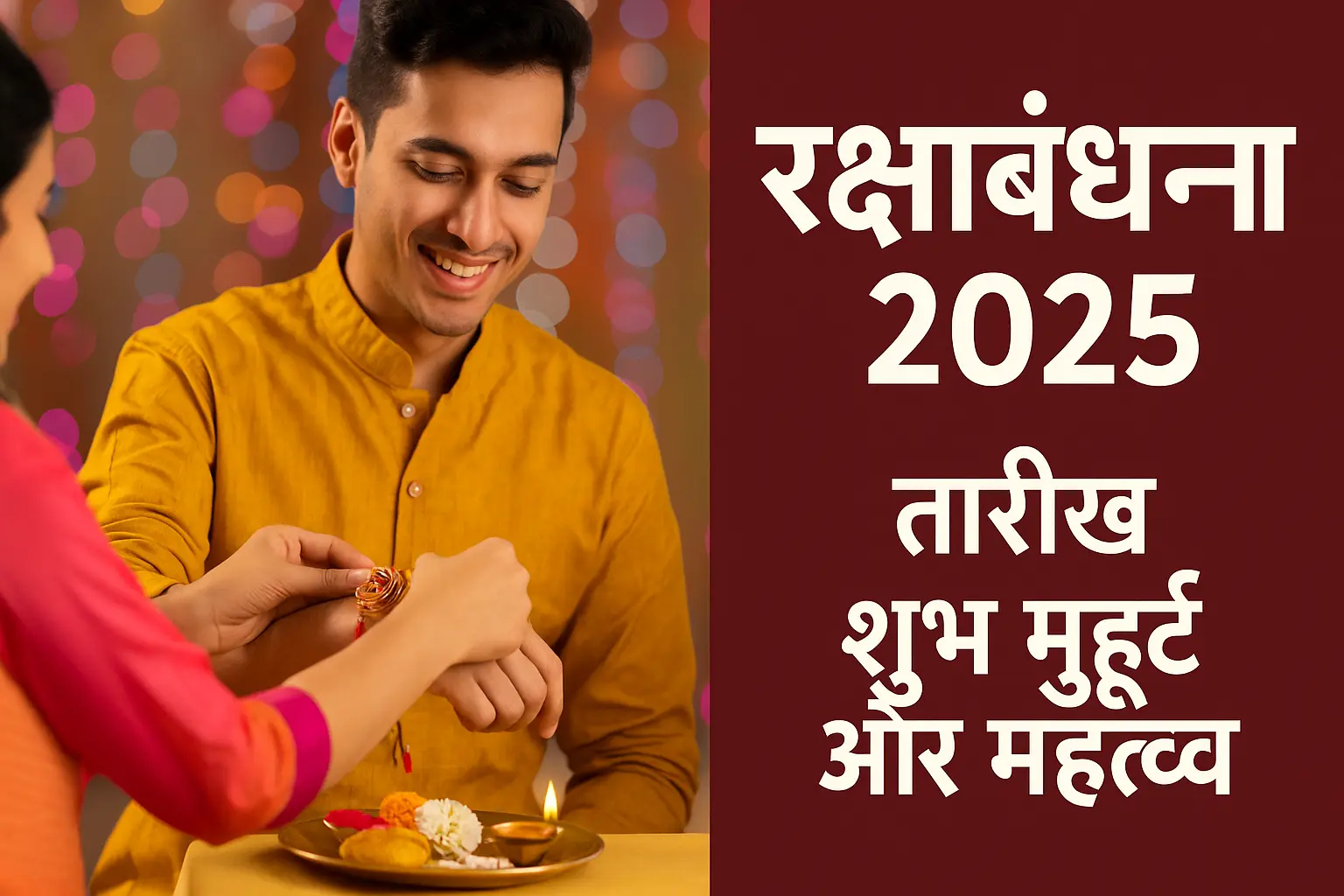 रक्षाबंधन 2025 में बहन भाई की कलाई पर राखी बांधते हुए, थाली में पूजा सामग्री और साथ में तारीख, शुभ मुहूर्त और महत्व लिखा हुआ